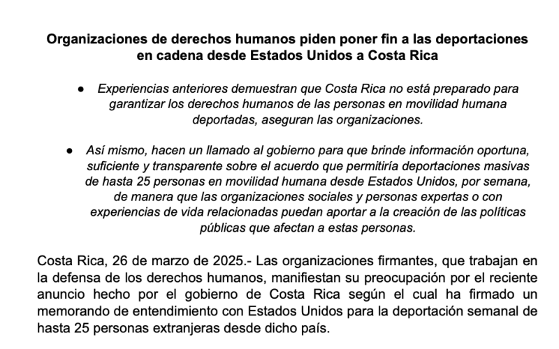 Organizaciones de derechos humanos piden poner fin a las deportaciones en cadena desde Estados Unidos a Costa Rica